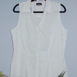 Sleeveless button down, woven striped shirt